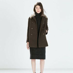 Zara Basic Khaki Wool Blend Coat Faux Fur Collar